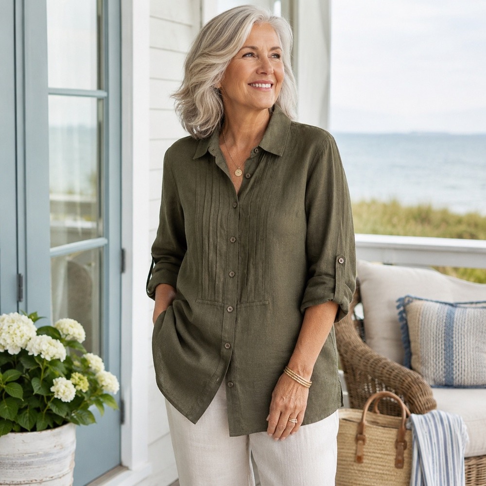 Jones New York Sport Woman 1X Olive Green 100% Linen Pintuck Button Front Tunic